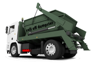 A picture of a truck dropping off a dumpster